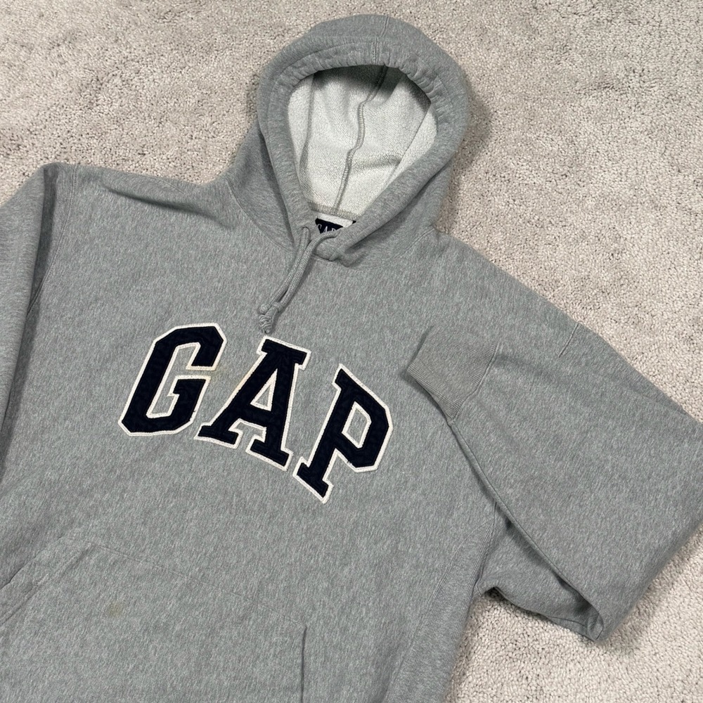 VTG Y2K Gap Hoodie Mens Medium Embroidered Logo Gray Pullover Fleece Spellout